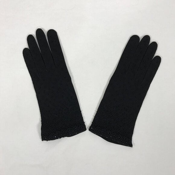 Vintage 60s Beaded Gloves Black Cotton Formal beads - Picture 2 of 3